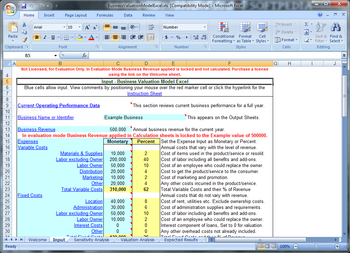 Business Valuation Model Excel screenshot