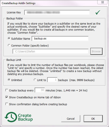 CreateBackup AddIn for Excel screenshot