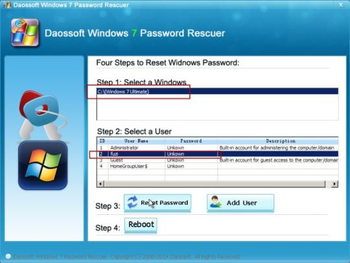 Daossoft Windows 7 Password Rescuer screenshot