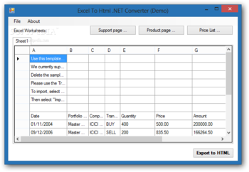 Excel To Html .NET Converter screenshot