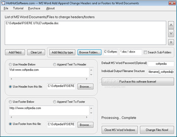 MS Word Add Append Change Headers and or Footers to Multiple Word Documents screenshot