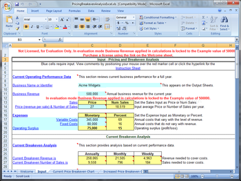 Pricing and Breakeven Analysis Excel screenshot