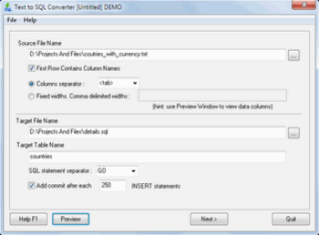 Text to SQL file converter screenshot