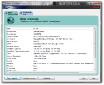 Toshiba PC Diagnostic Tool screenshot