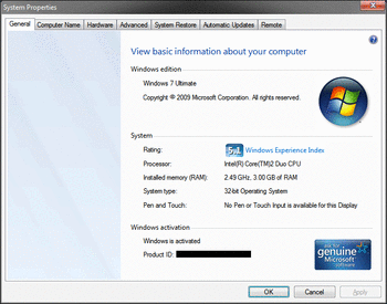 Windows 7 System Properties For XP screenshot