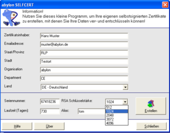 abylon SELFCERT screenshot