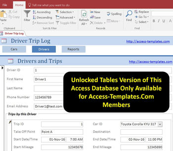 Access Database Driver Trip Car Mileage Log Tracker screenshot