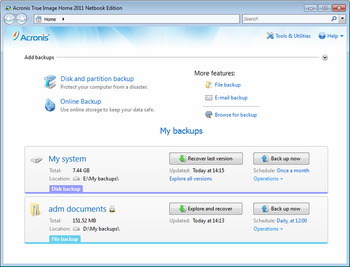 Acronis True Image Home 2011 Netbook Edition screenshot