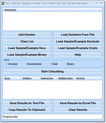 Add, Subtract, Multiply or Divide Two Or More Decimal, Hexadecimal, Binary and Octal Numbers Software screenshot