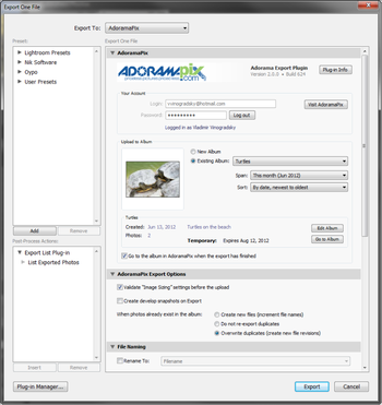 AdoramaPix Export Plugin screenshot