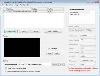 Agree Free FLV MP4 MPEG ASF MOV to AVI WMV Converter screenshot