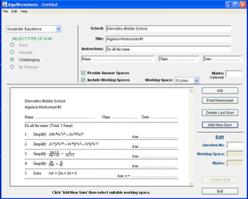 AlgeWorksheets screenshot