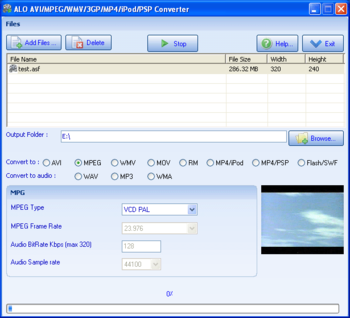 ALO AVI MPEG WMV 3GP MP4 iPod PSP Converter screenshot