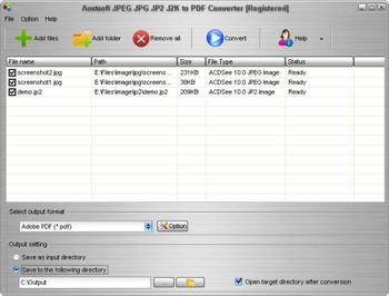 Aostsoft JPEG JPG JP2 J2K to PDF Converter screenshot
