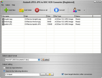 Aostsoft JPEG JPG to DOC OCR Converter screenshot