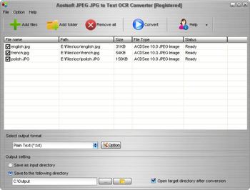 Aostsoft JPEG JPG to Text OCR Converter screenshot