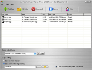 Aostsoft JPEG JPG to Word OCR Converter screenshot