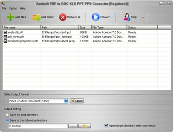 Aostsoft PDF to DOC XLS PPT PPS Converter screenshot