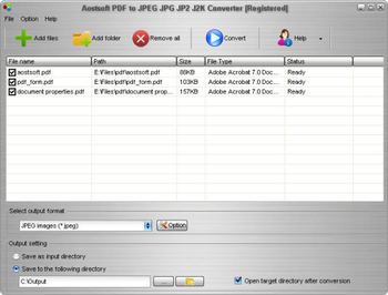 Aostsoft PDF to JPEG JPG JP2 J2K Converter screenshot