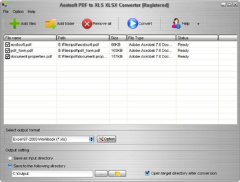 Aostsoft PDF to XLS XLSX Converter screenshot