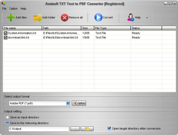Aostsoft TXT Text to PDF Converter screenshot