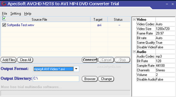 ApecSoft M2TS to AVI MP4 DVD Converter screenshot