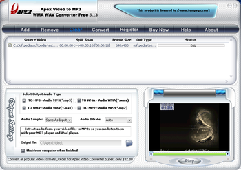 Apex Video to MP3 WMA WAV Converter screenshot