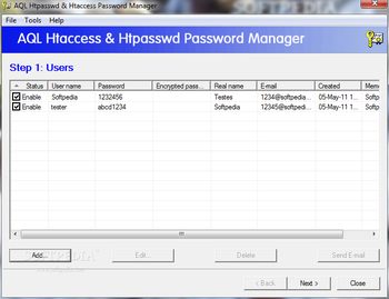 AQL htpasswd & htaccess Password Manager screenshot