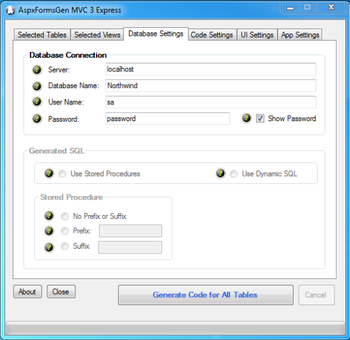 AspxFormsGen MVC 3 Express MVC Code Generator screenshot