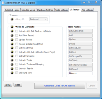 AspxFormsGen MVC 3 Express MVC Code Generator screenshot 2