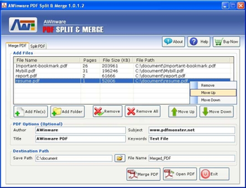 AWinware PDF Splitter Merger Software screenshot
