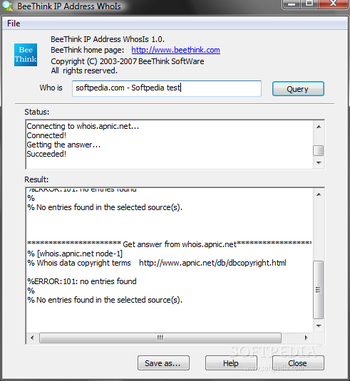 BeeThink IP Address WhoIs screenshot