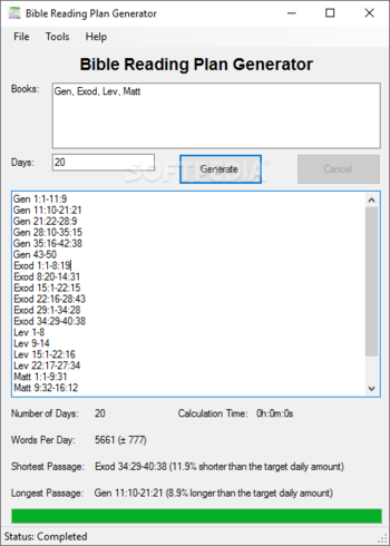 Bible Reading Plan Generator screenshot