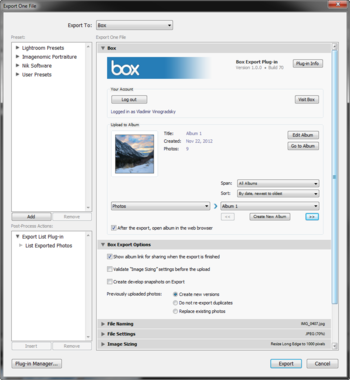 Box Export Plugin for Lightroom screenshot