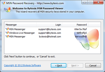 Bytexis MSN Password Recovery screenshot