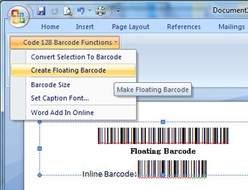 Code 128 Word Barcode Add In screenshot