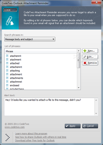 CodeTwo Outlook Attachment Reminder screenshot
