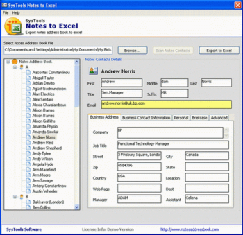 Converts Notes Contacts to Excel screenshot