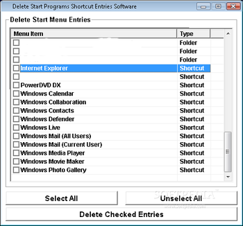 Delete Start Programs Shortcut Entries Software screenshot