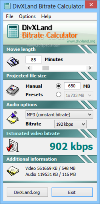 DivXLand Bitrate Calculator screenshot