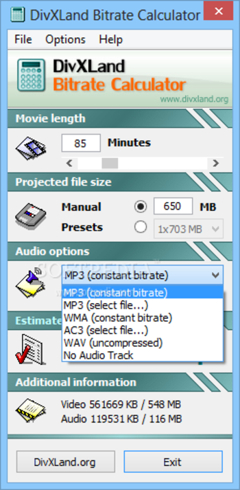 DivXLand Bitrate Calculator screenshot 2