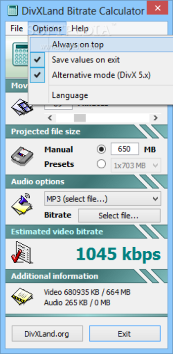 DivXLand Bitrate Calculator screenshot 3