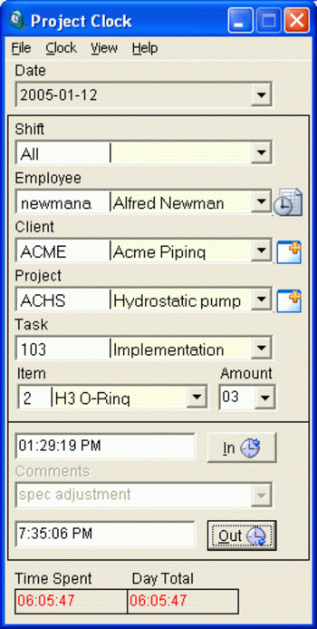 Employee Project Clock screenshot