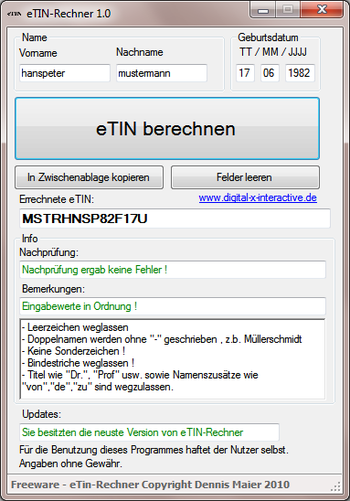 eTin Rechner screenshot