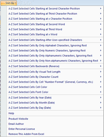 Excel Advanced Sort By Characters, Position, Length, Color, Dates Software screenshot