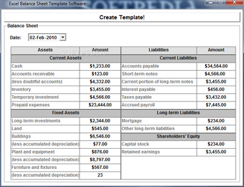 Excel Balance Sheet Template Software screenshot