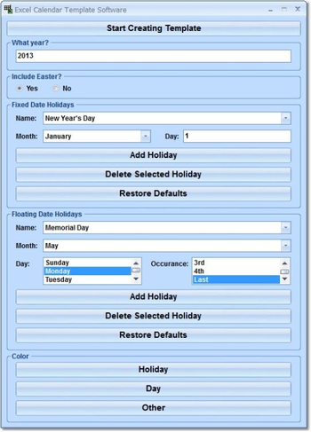 Excel Calendar Template Software screenshot