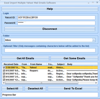 Excel Import Multiple Yahoo! Mail Emails Software screenshot