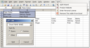 Excel Split Names & Addresses Into Multiple Cells (Columns) Software screenshot