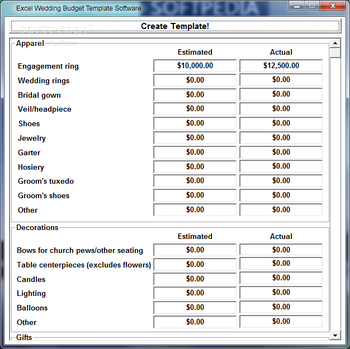 Excel Wedding Budget Template Software screenshot